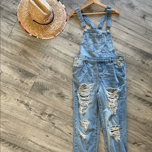 Boho distressed denim overalls